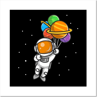 Cute Astronaut Flying With Planet Balloons In Space Cartoon Posters and Art